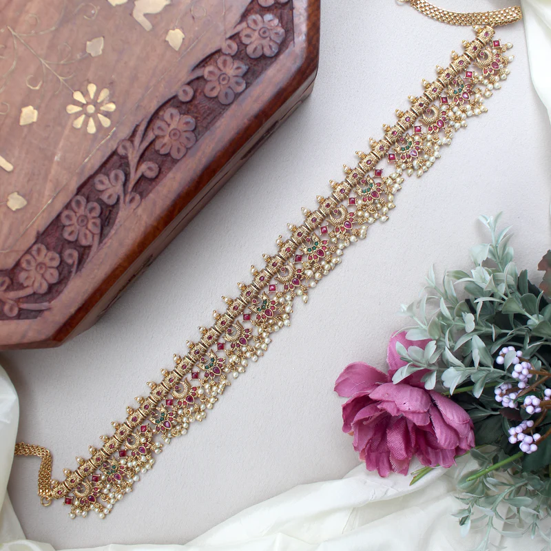 Antique Gold Lotus Peacock AD Sleek Bridal Hipchain